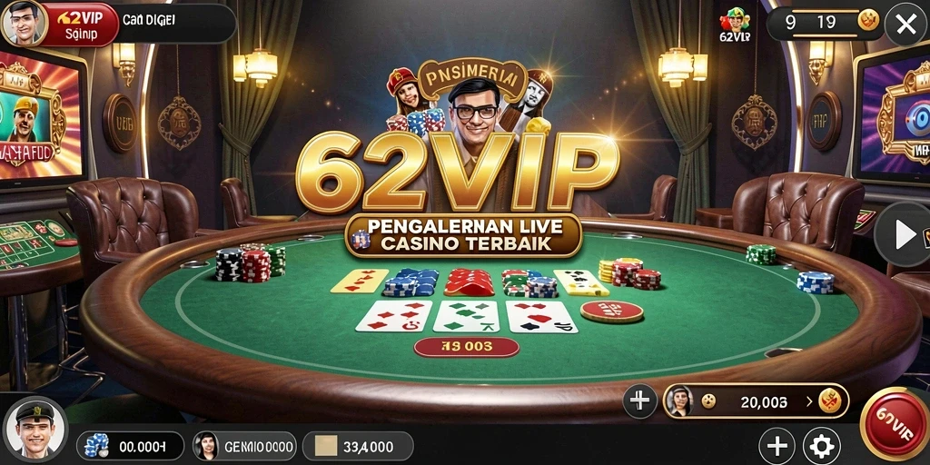 Tampilan menarik gameplay <strong>62VIP</strong> dengan dealer langsung dan suasana kasino.