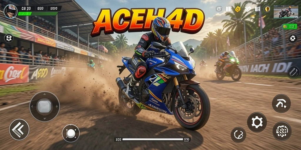 Screenshot gameplay ACEH4D menampilkan ketegangan balapan motor.