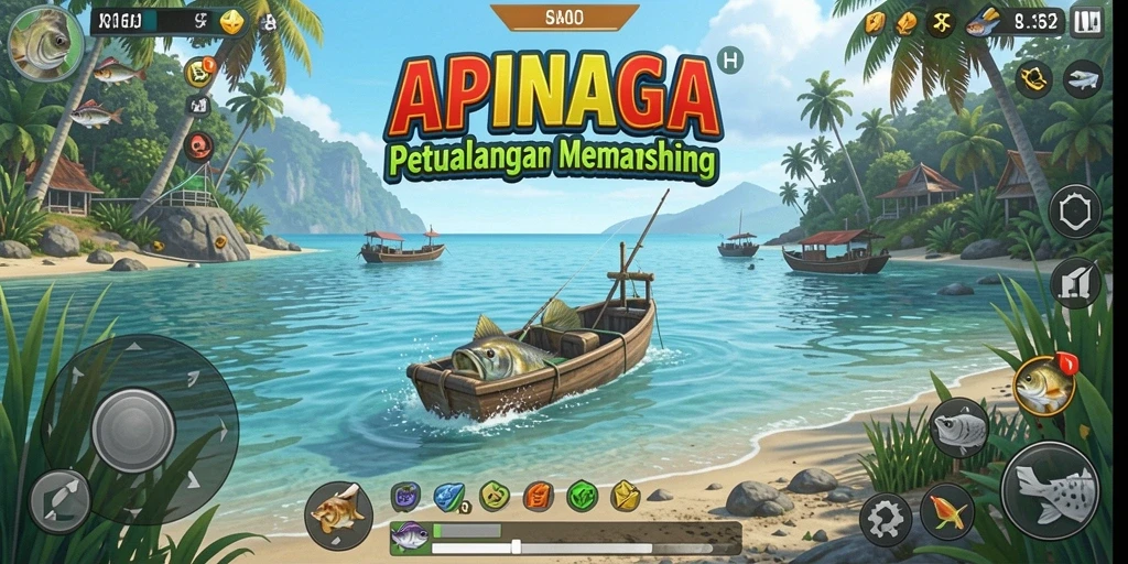 Tampilan gameplay <strong>APINAGA</strong> dengan suasana memancing yang menenangkan.