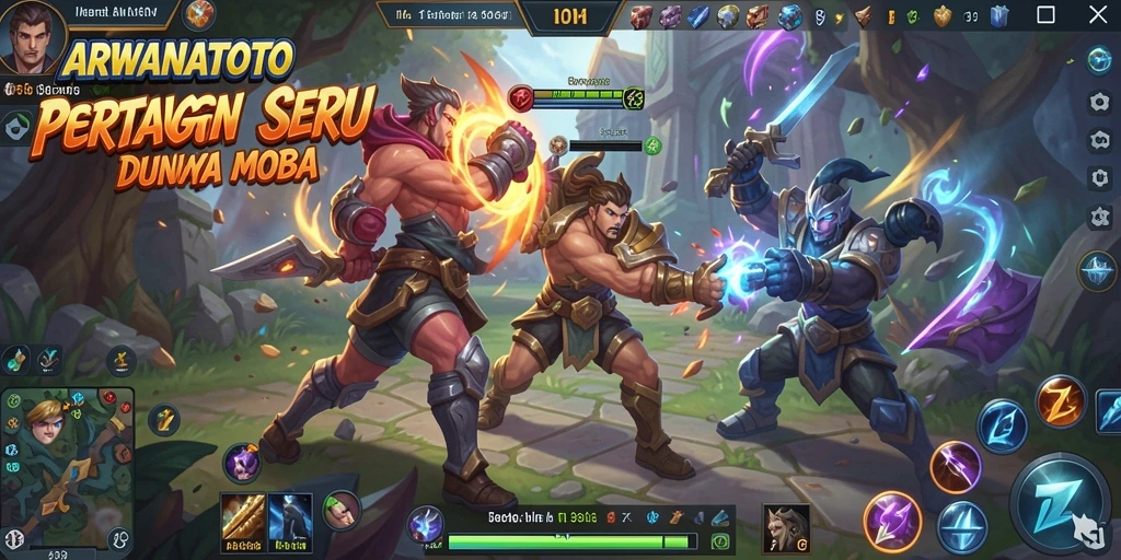 Screenshot utama ARWANATOTO menampilkan aksi sementara tim bertempur di arena MOBA.