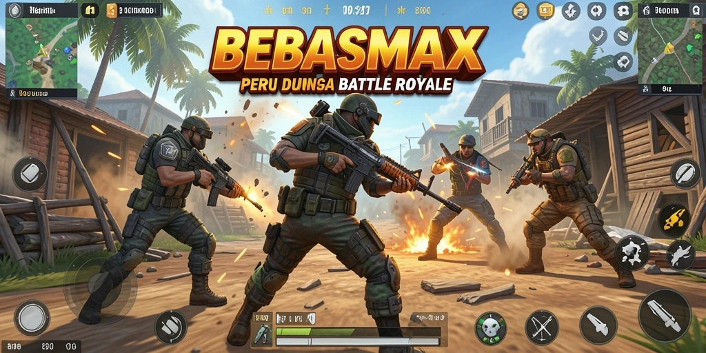 Tampilan gameplay menegangkan dalam BEBASMAX, aksi Battle Royale yang seru.