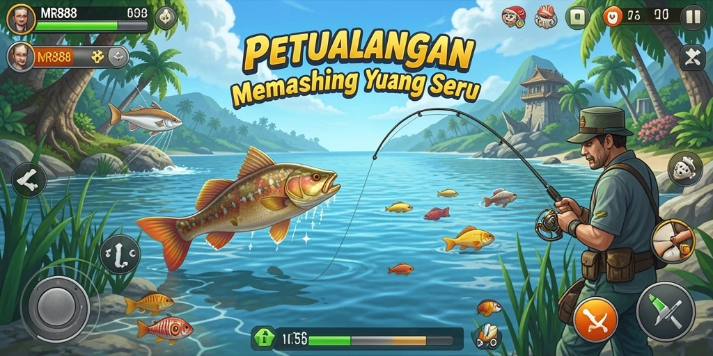 Screenshot MR888 menampilkan aksi menangkap ikan yang mendebarkan.
