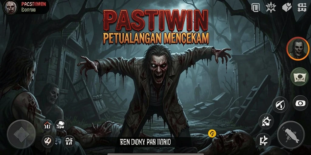 Tampilan gameplay seram PASTIWIN dengan makhluk mengerikan di kegelapan.