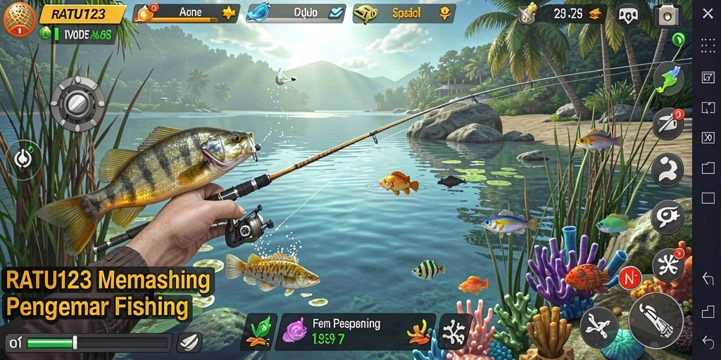 Tampilan gameplay RATU123 saat menangkap ikan di laut.