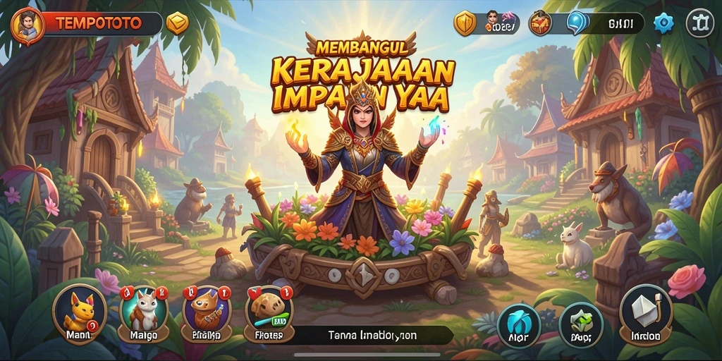 Screenshot gameplay TEMPOTOTO yang menampilkan bangunan megah dan pertempuran seru.