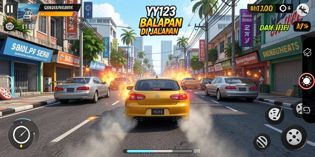 Tampilan gameplay YY123 menampilkan mobil balap yang melaju cepat di jalur yang penuh tantangan.